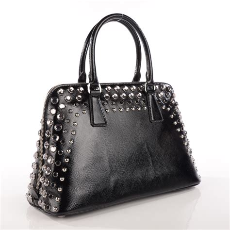 PRADA Saffiano Vernice Crystal Pyramid Bag Black.